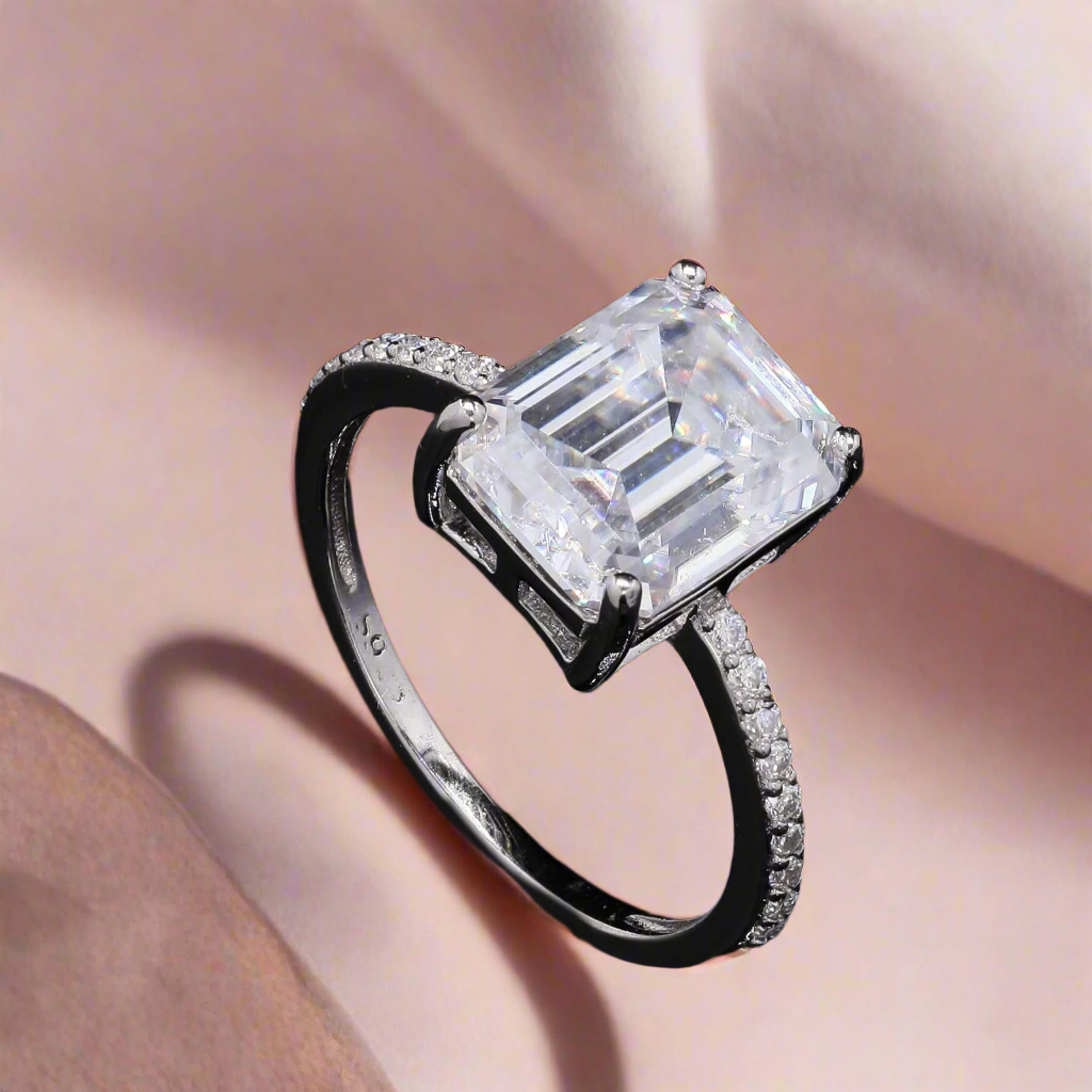 Elegant Emerald cut Moissanite Silver Promise Ring