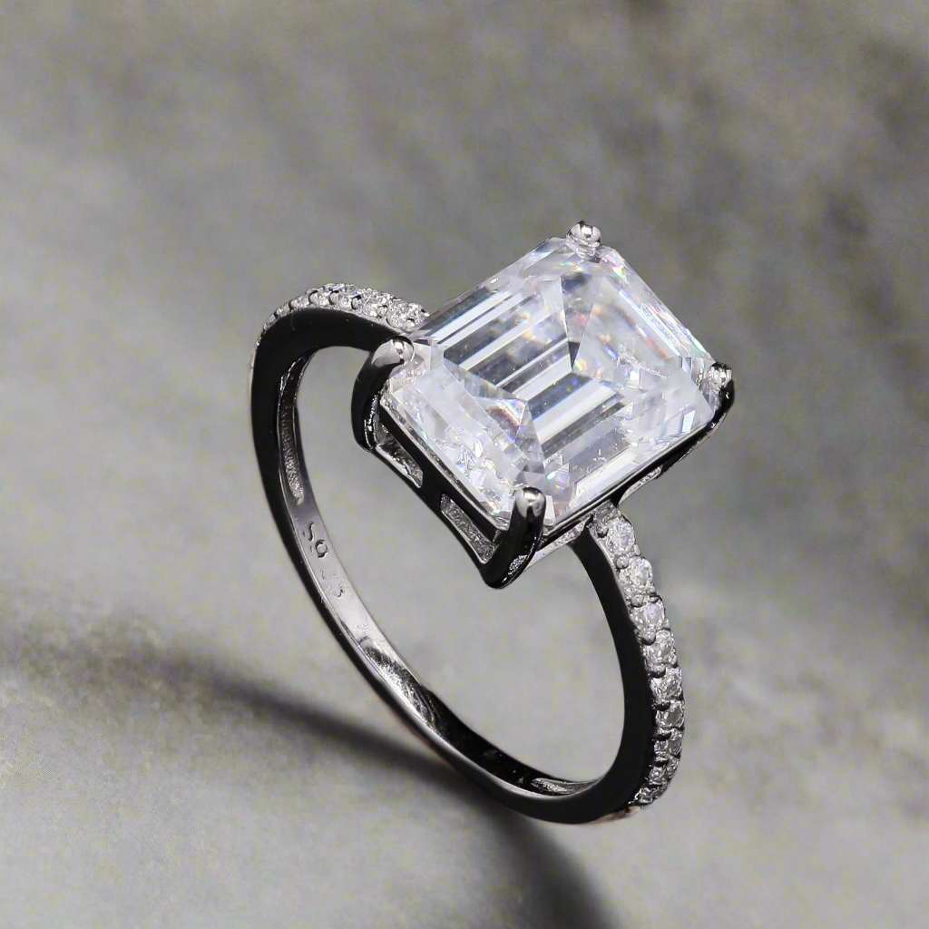 Elegant Emerald cut Moissanite Silver Promise Ring