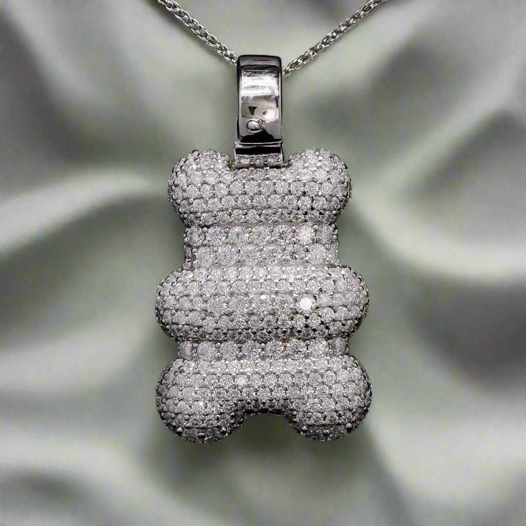 Sterling Silver with Moissanite Men’s Teddy Bear Pendant