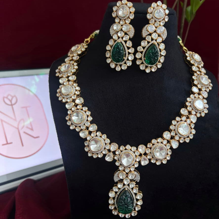 Royal Heritage Moissanite Polki Necklace with Moissanite and Lab Grown Emeralds in Silver