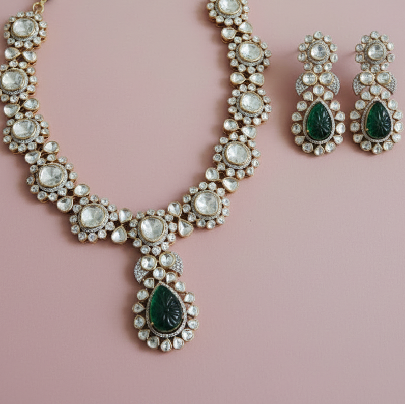 Royal Heritage Moissanite Polki Necklace with Moissanite and Lab Grown Emeralds in Silver