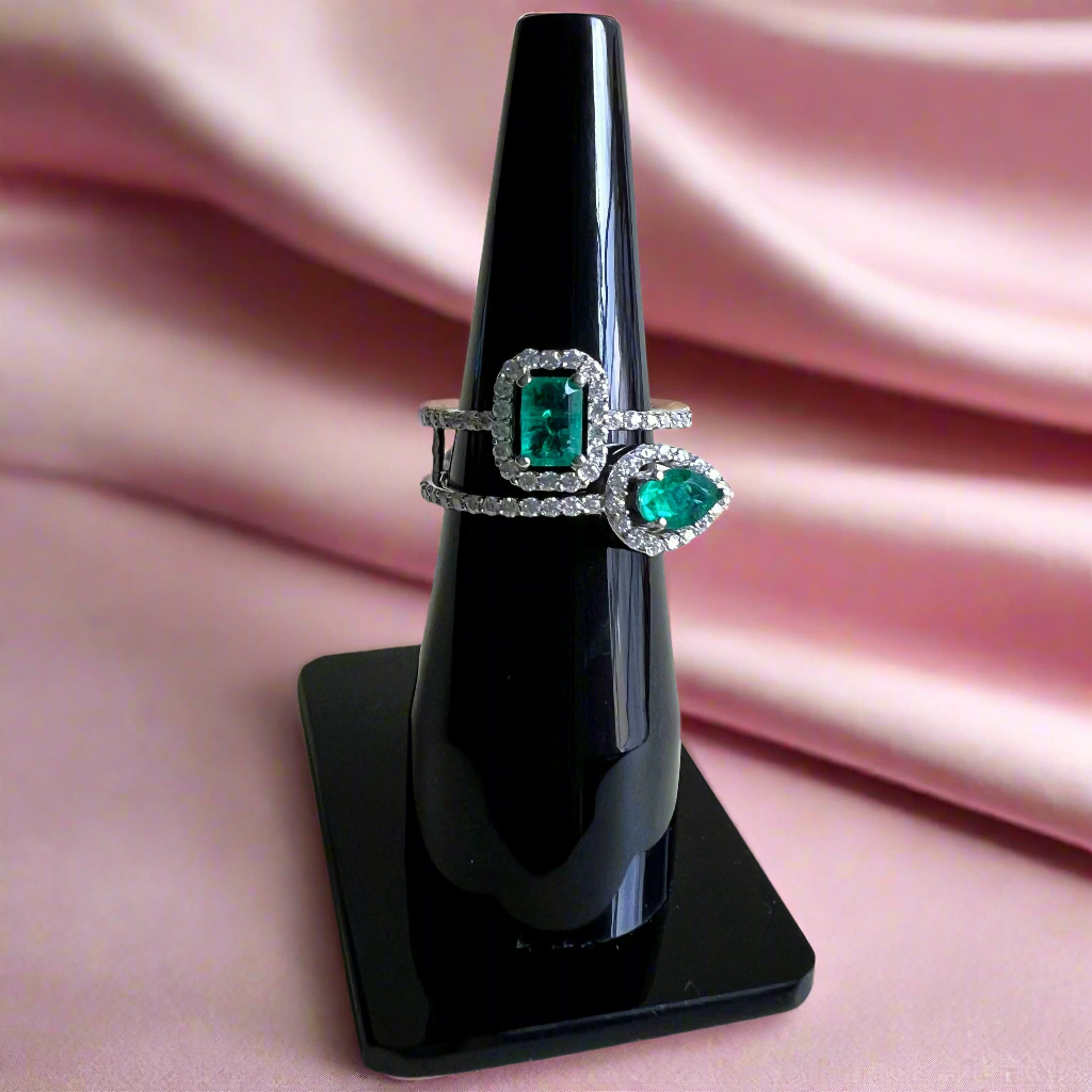 Lab Grown Emerald Baguette Ring in Sterling Silver with Moissanite