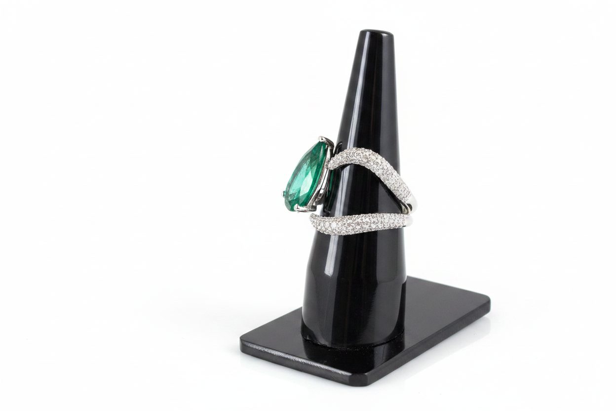 Pear shape Lab Grown Emerald Ring with Moissanite and Sterling Silver