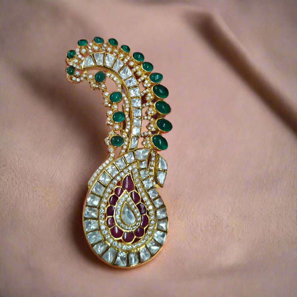 Green Kundan Polki Kalangi cum Brooch In Sterling Silver for him