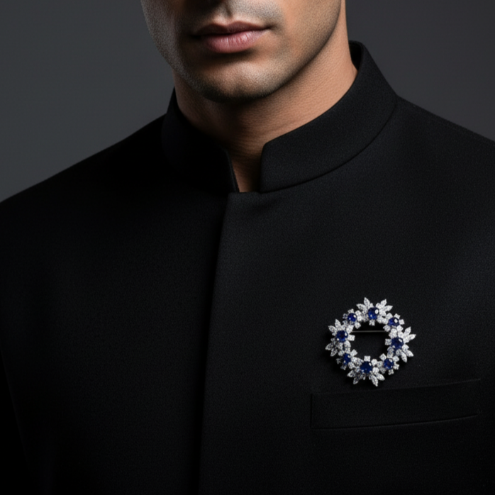 Round Blue Stone Moissanite Brooch for Men in Sterling Silver