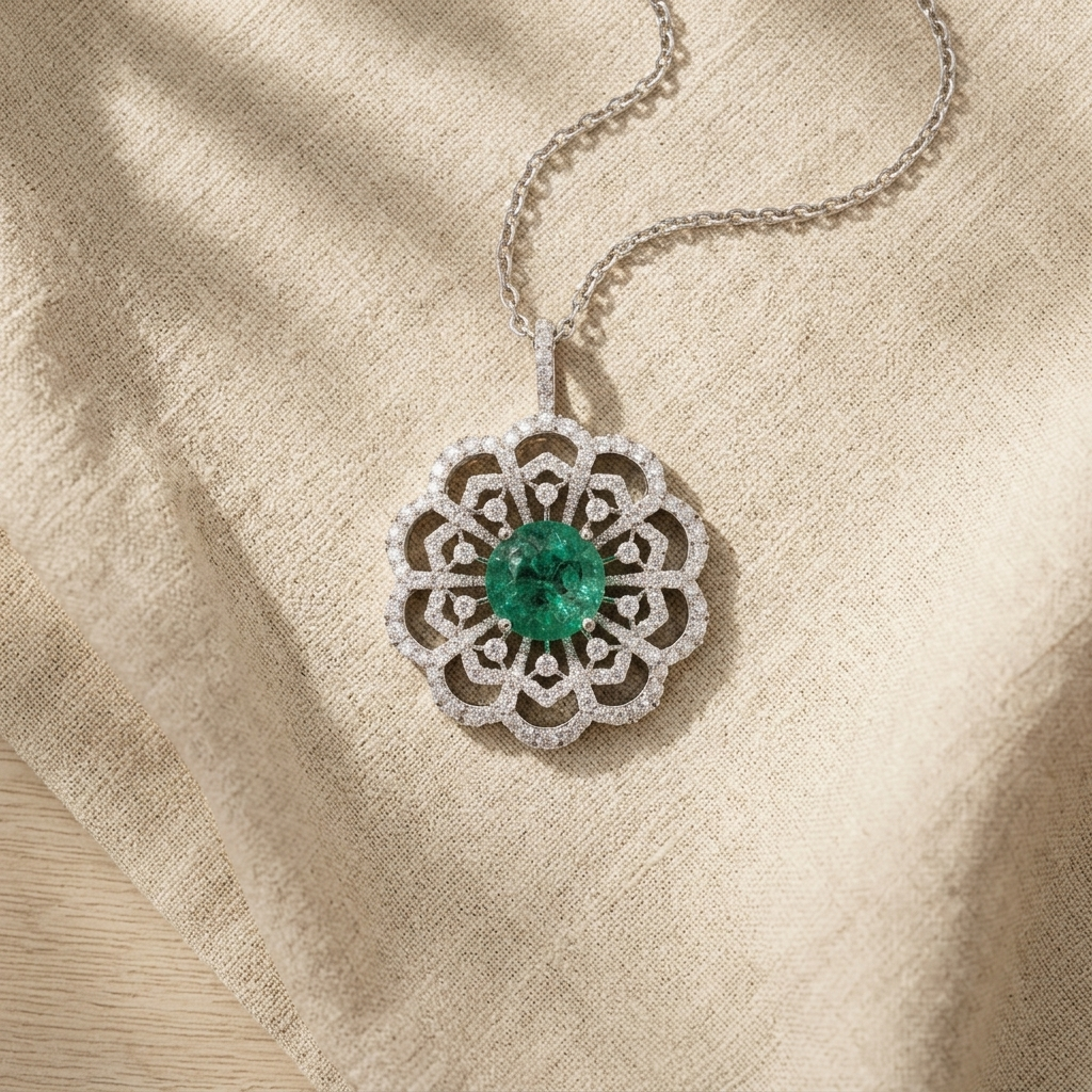 Round Lab Grown Emerald Pendant with Moissanite in Silver