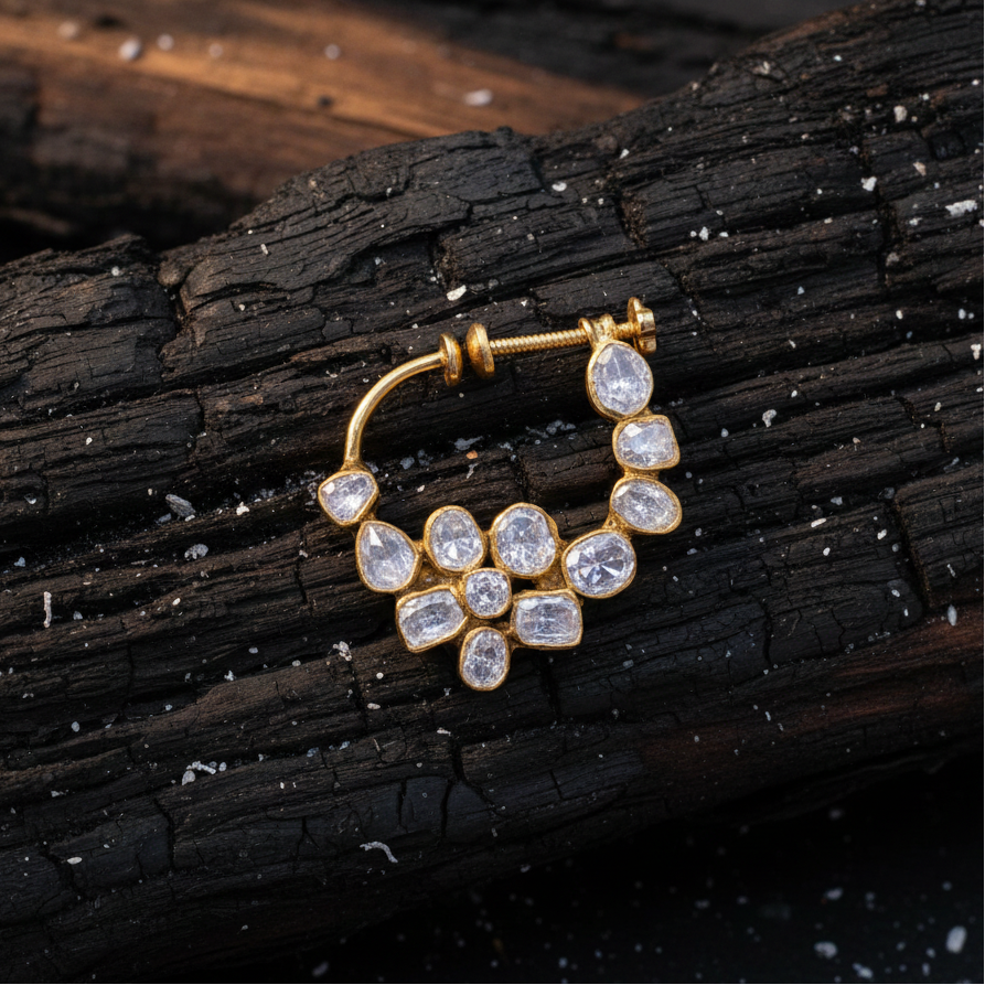 Designer Bridal Screw Nose Ring (Nath) in 925 Silver with Moissanite Polki & Gold Rhodium