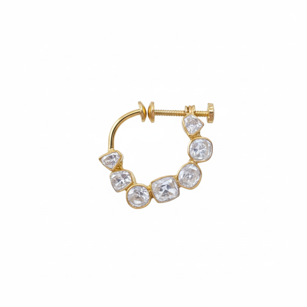 Bridal Screw Nath in 925 Sterling Silver with Moissanite Polki and Gold Rhodium Finish