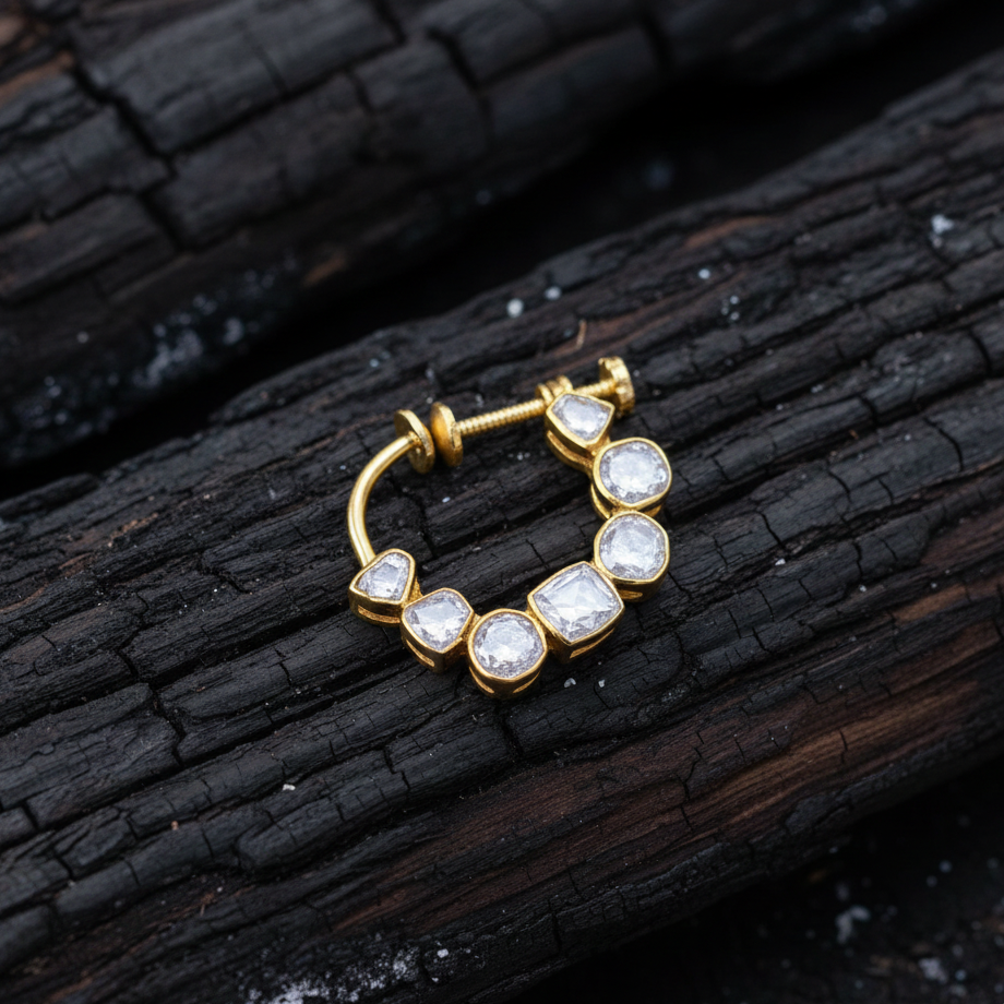 Bridal Screw Nath in 925 Sterling Silver with Moissanite Polki and Gold Rhodium Finish