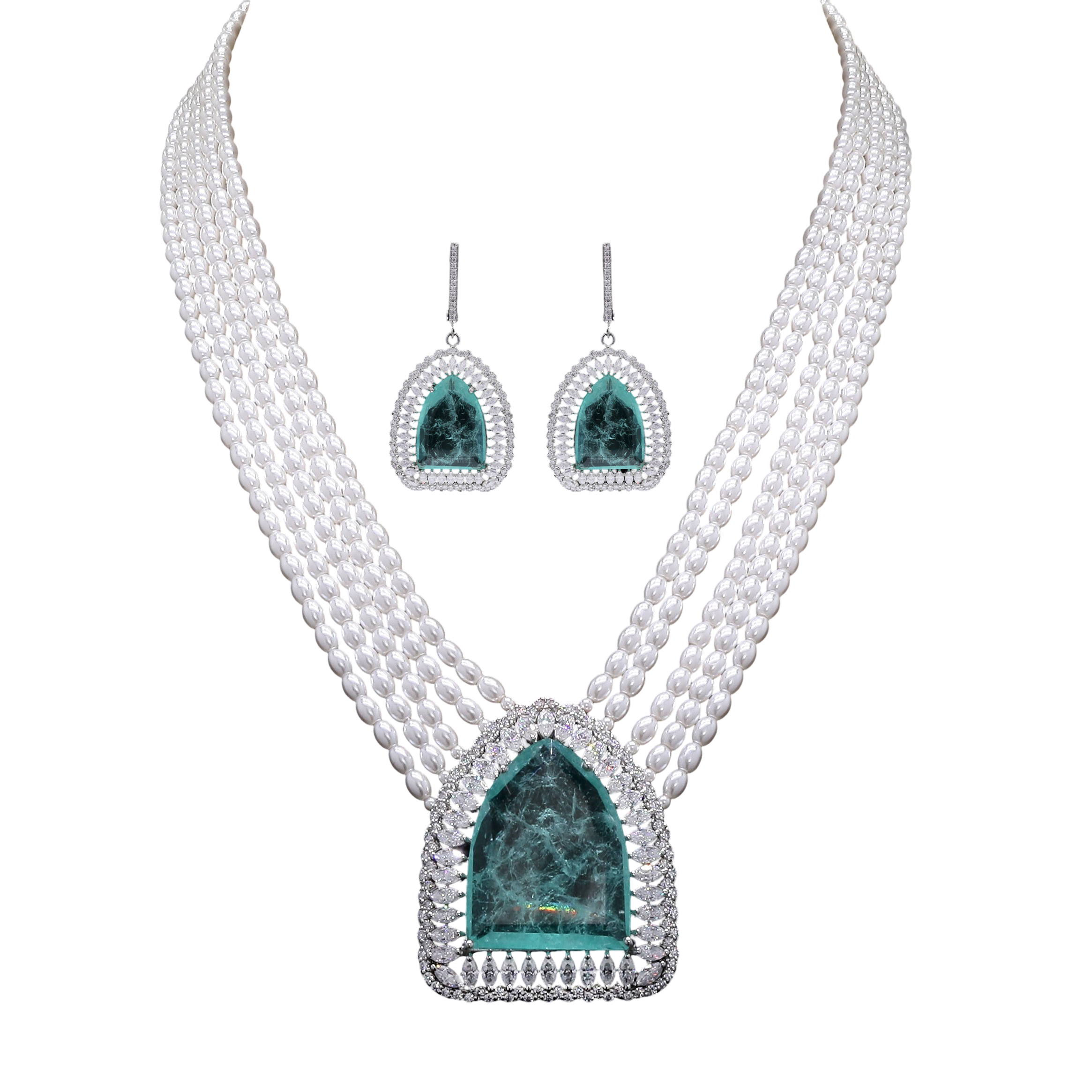 Eterna Green 925 Silver Pearl Necklace with Emerald & Moissanite