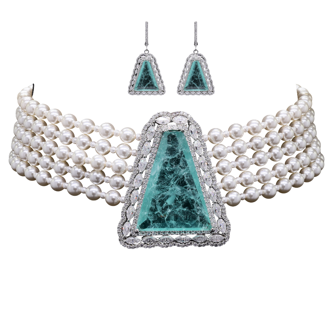 Wedding Emerald, Pearl & Moissanite Choker Necklace