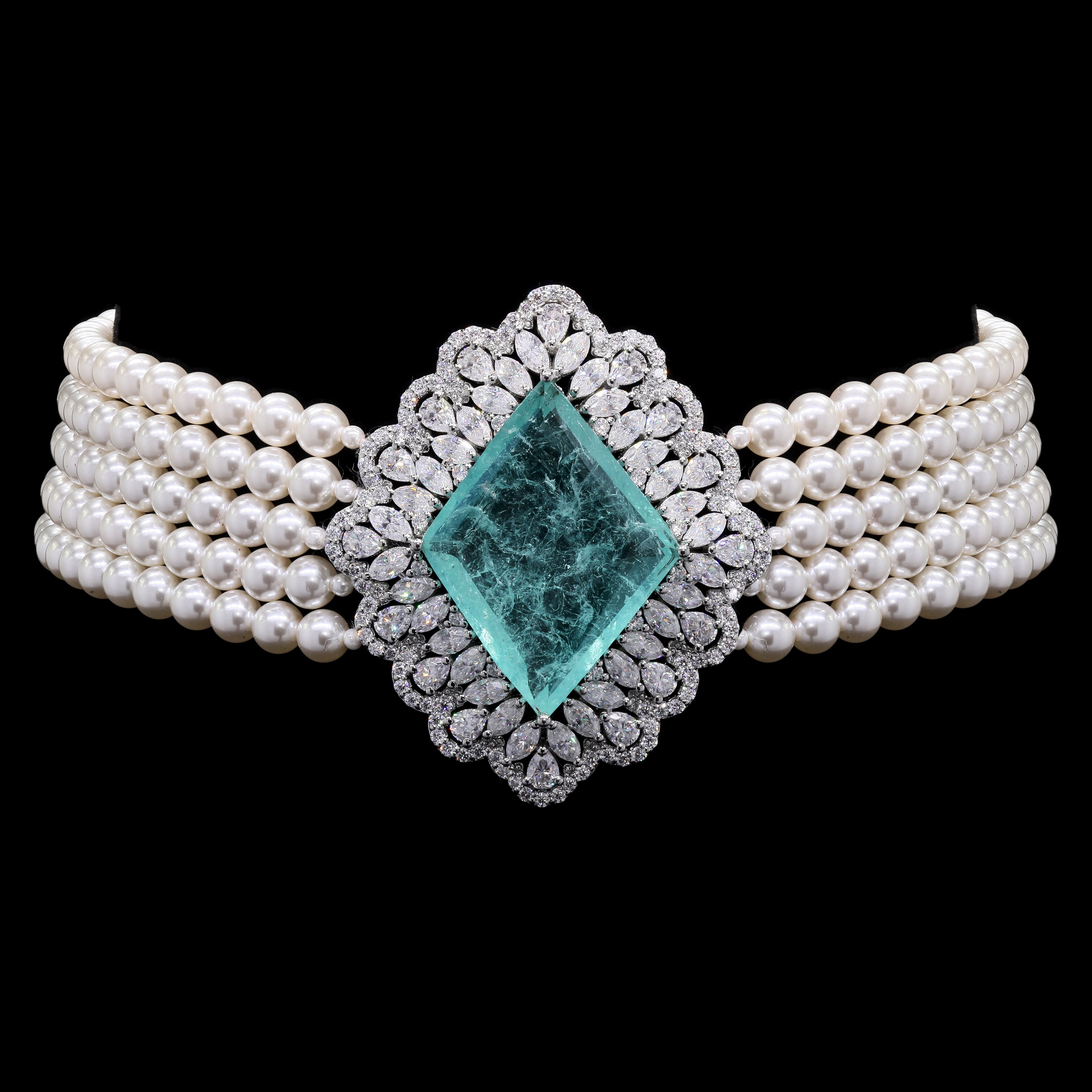 Bridal Pearl Choker Necklace with Moissanite & Emeralds