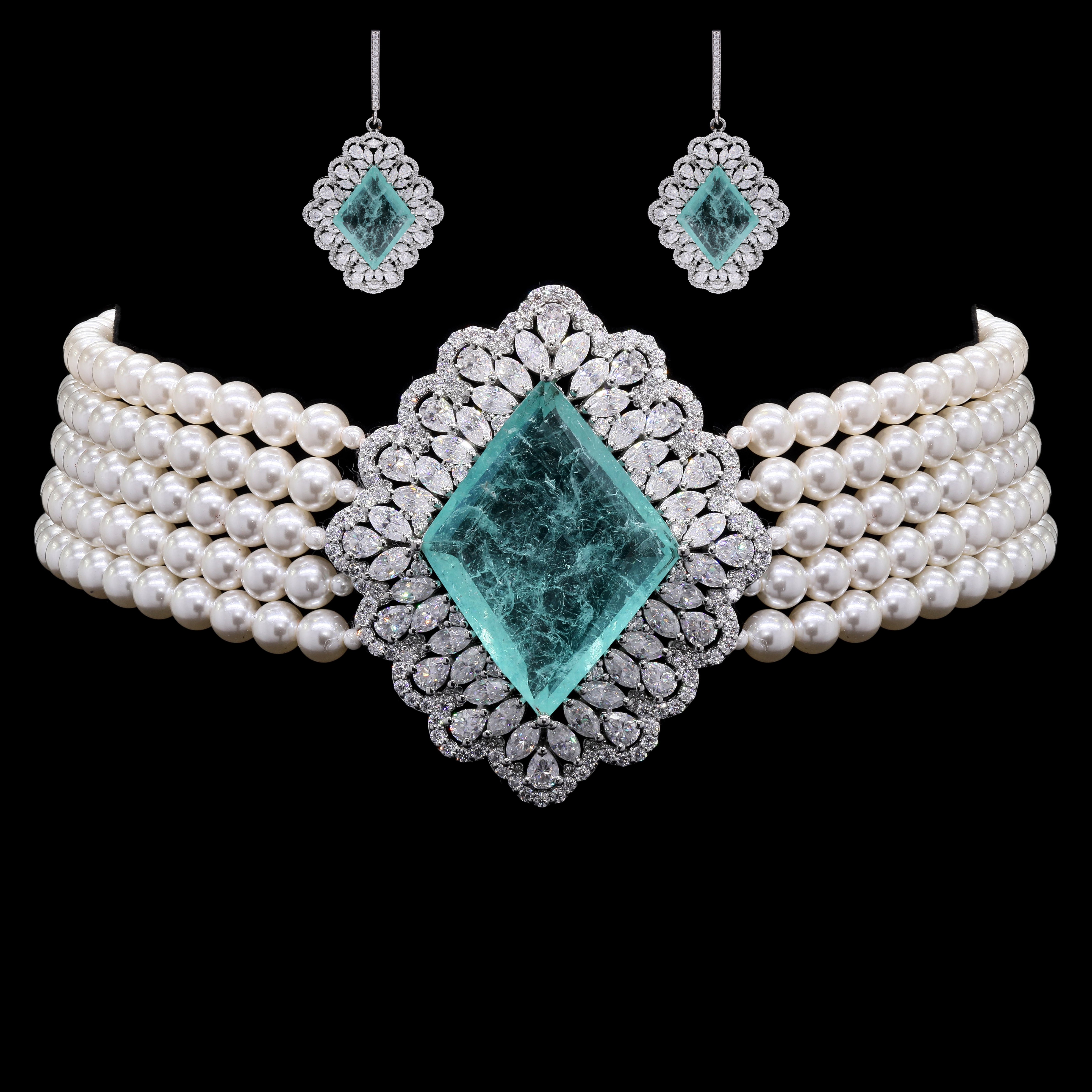 Bridal Pearl Choker Necklace with Moissanite & Emeralds