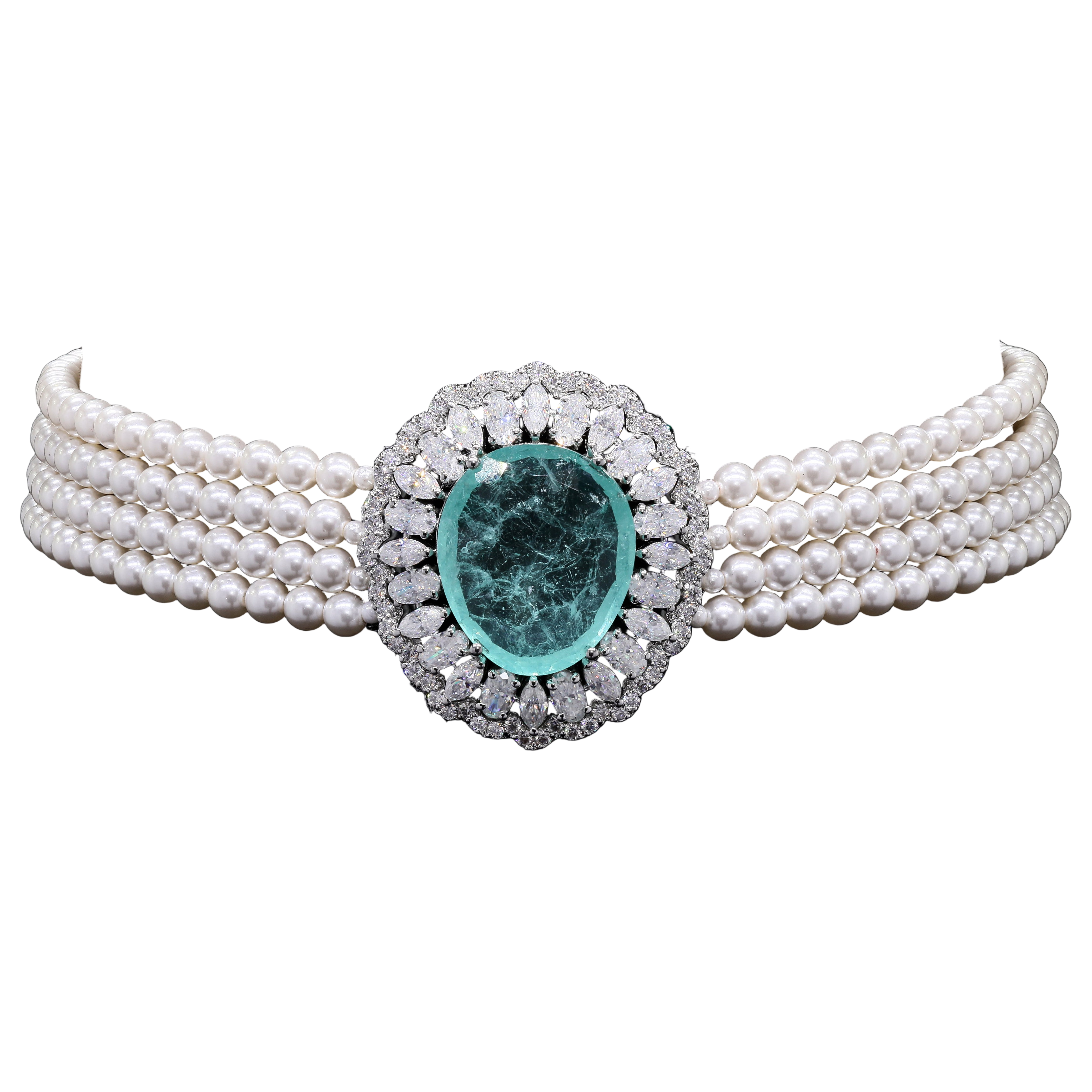 Heritage Pearl Choker Necklace with Lab Emerald & Moissanite