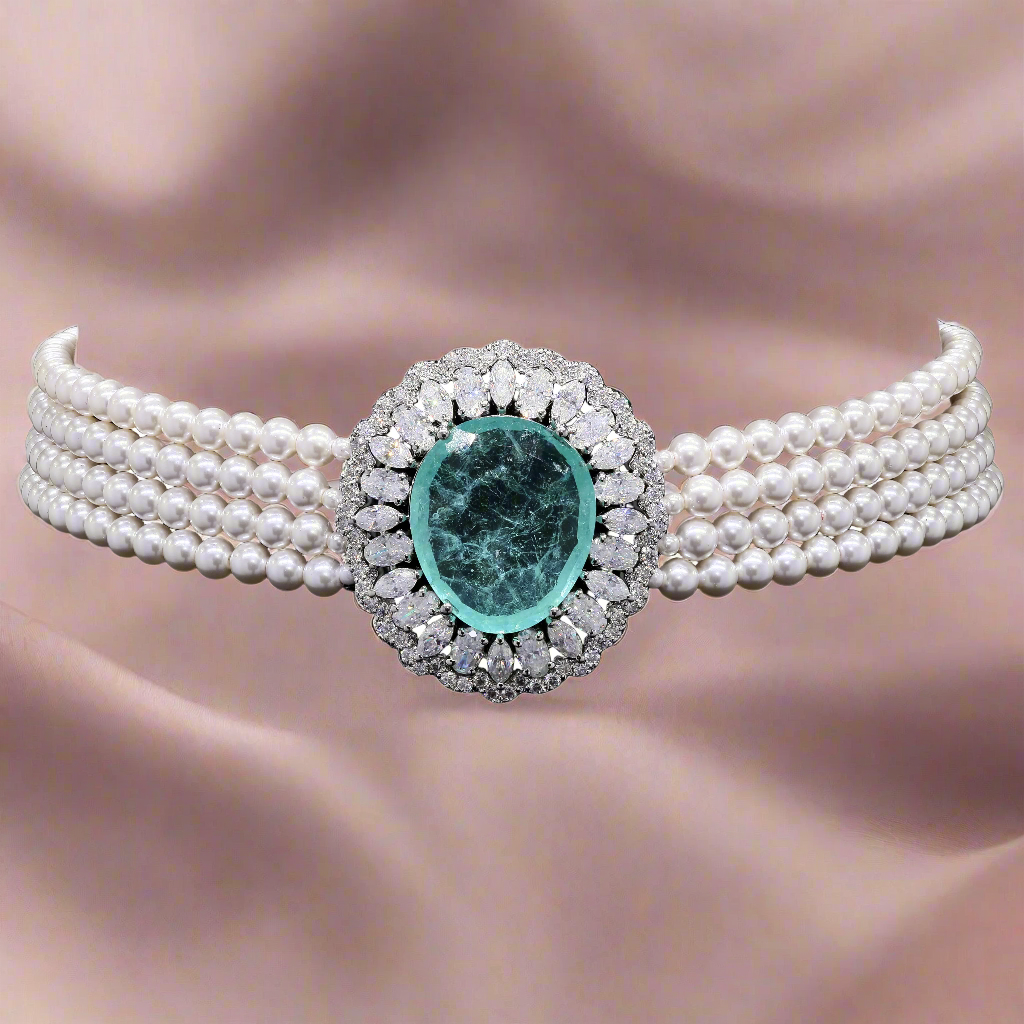 Heritage Pearl Choker Necklace with Lab Emerald & Moissanite