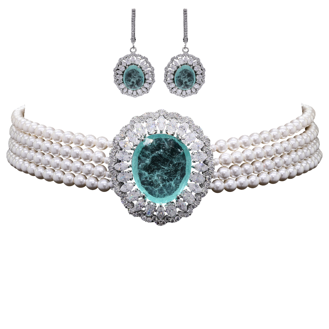 Heritage Pearl Choker Necklace with Lab Emerald & Moissanite