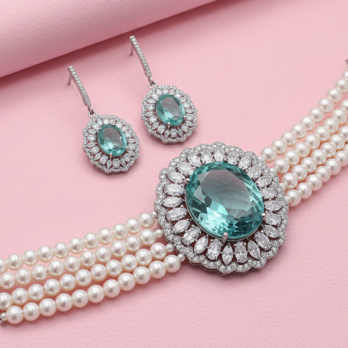 Heritage Pearl Choker Necklace with Lab Emerald & Moissanite in Silver