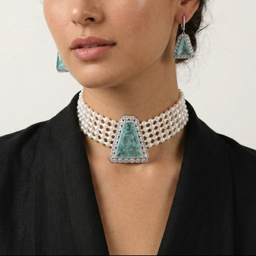 Wedding Lab Grown Emerald, Pearl & Moissanite Choker Necklace in Silver