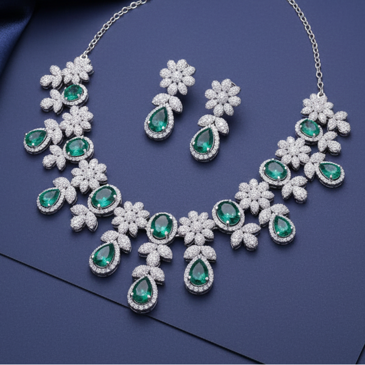 Bridal Moissanite and Lab Emerald Necklace in 925 Silver