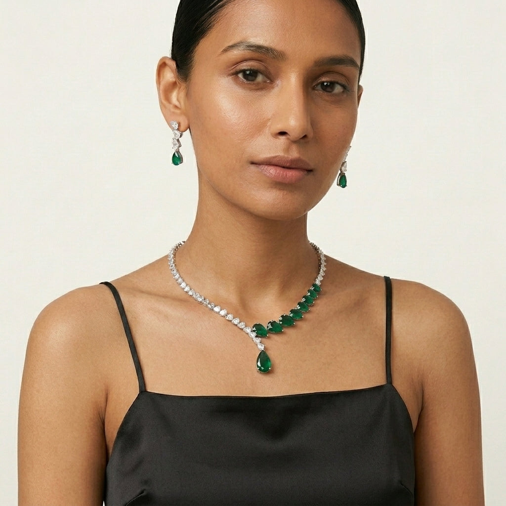 Moissanite and Lab Grown Emerald Cuff Choker Necklace in 925 silver