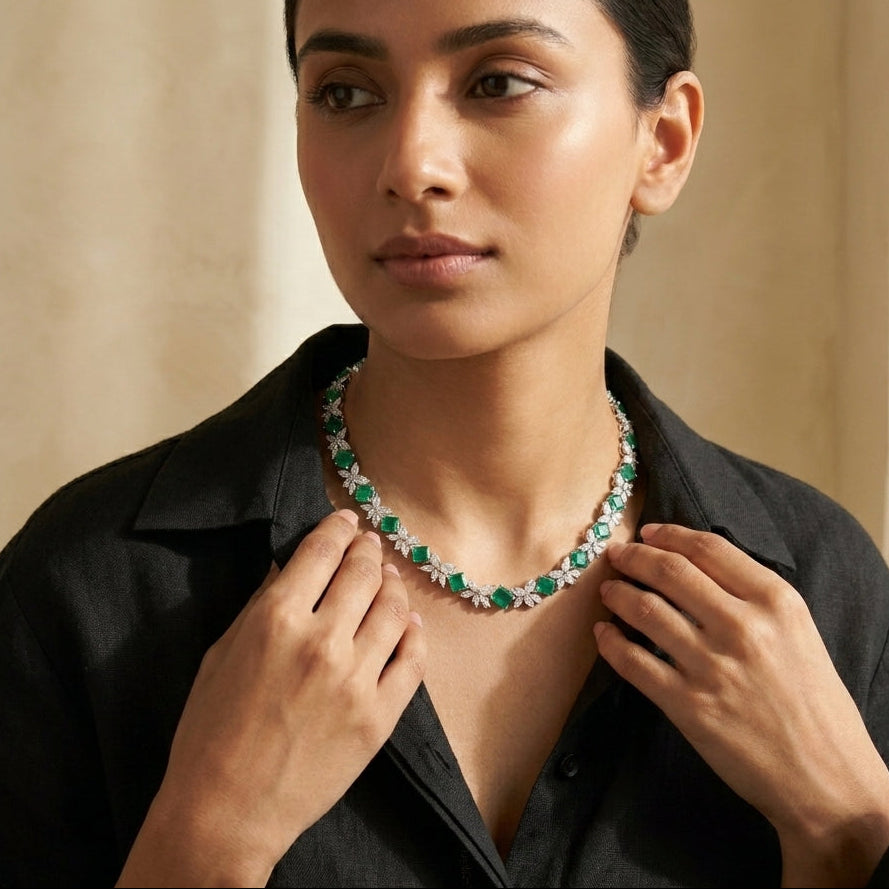 Aurora Glow Lab Emerald Moissanite Necklace in 925 Silver