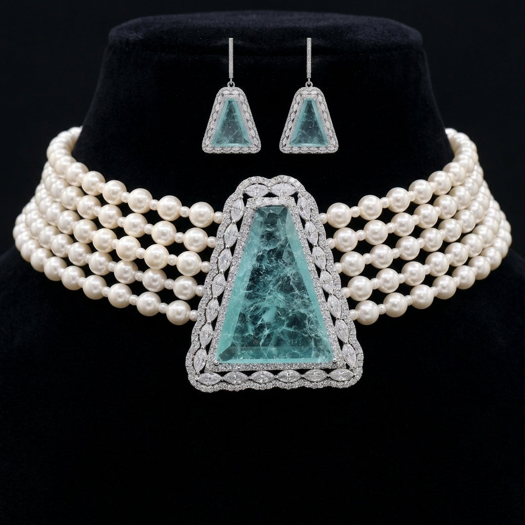 Wedding Lab Grown Emerald, Pearl & Moissanite Choker Necklace in Silver