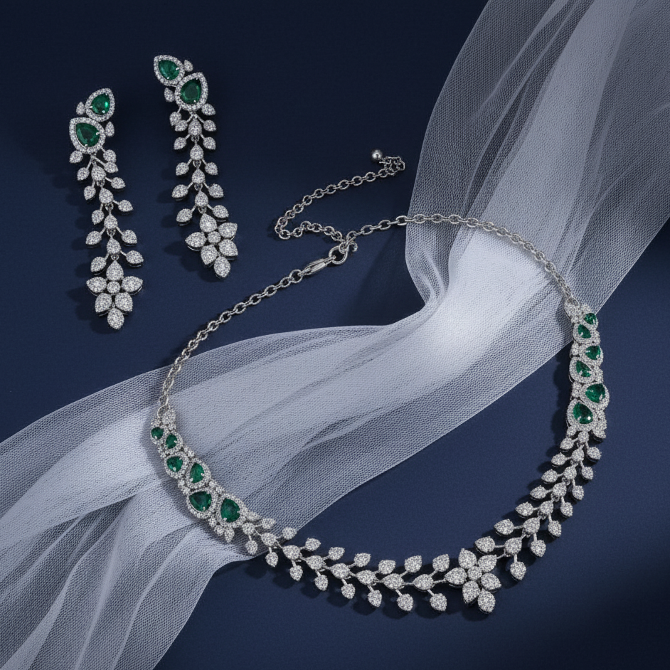 925 Silver & Moissanite with Lab Grown Emerald Necklace, Bridal wear