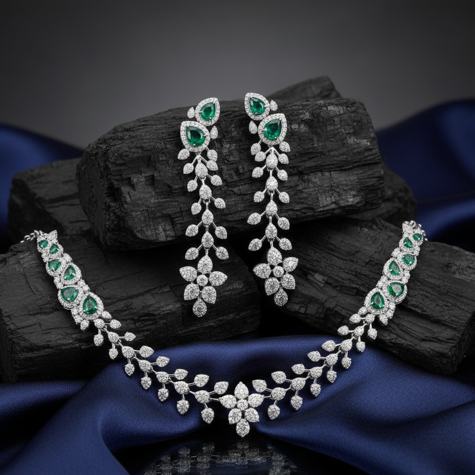 925 Silver & Moissanite with Lab Grown Emerald Necklace, Bridal wear