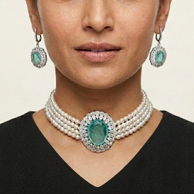 Heritage Pearl Choker Necklace with Lab Emerald & Moissanite in Silver