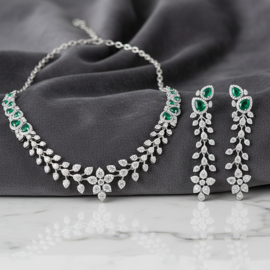 925 Silver & Moissanite with Lab Grown Emerald Necklace, Bridal wear
