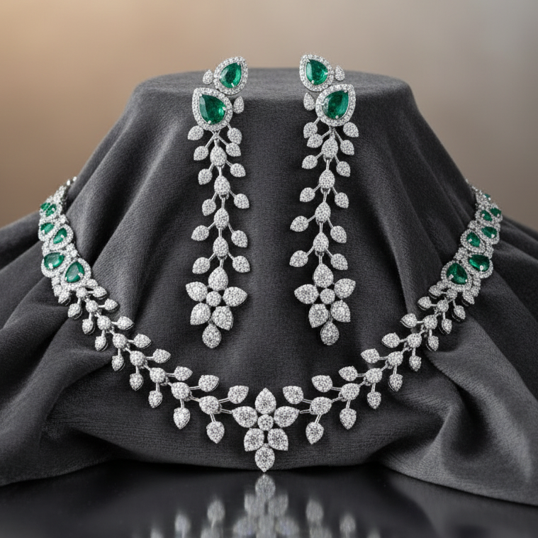 925 Silver & Moissanite with Lab Grown Emerald Necklace, Bridal wear