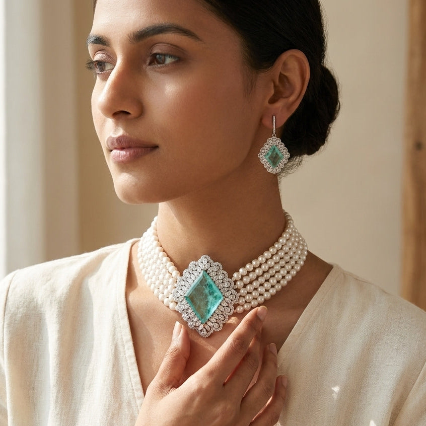 Bridal Pearl Choker Necklace with Moissanite & Emeralds in Silver