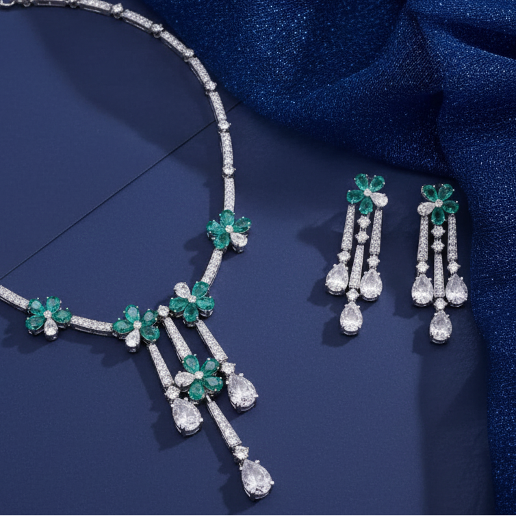 Lab Grown Emerald Floral Drop Necklace Set with Moissanite in  Silver