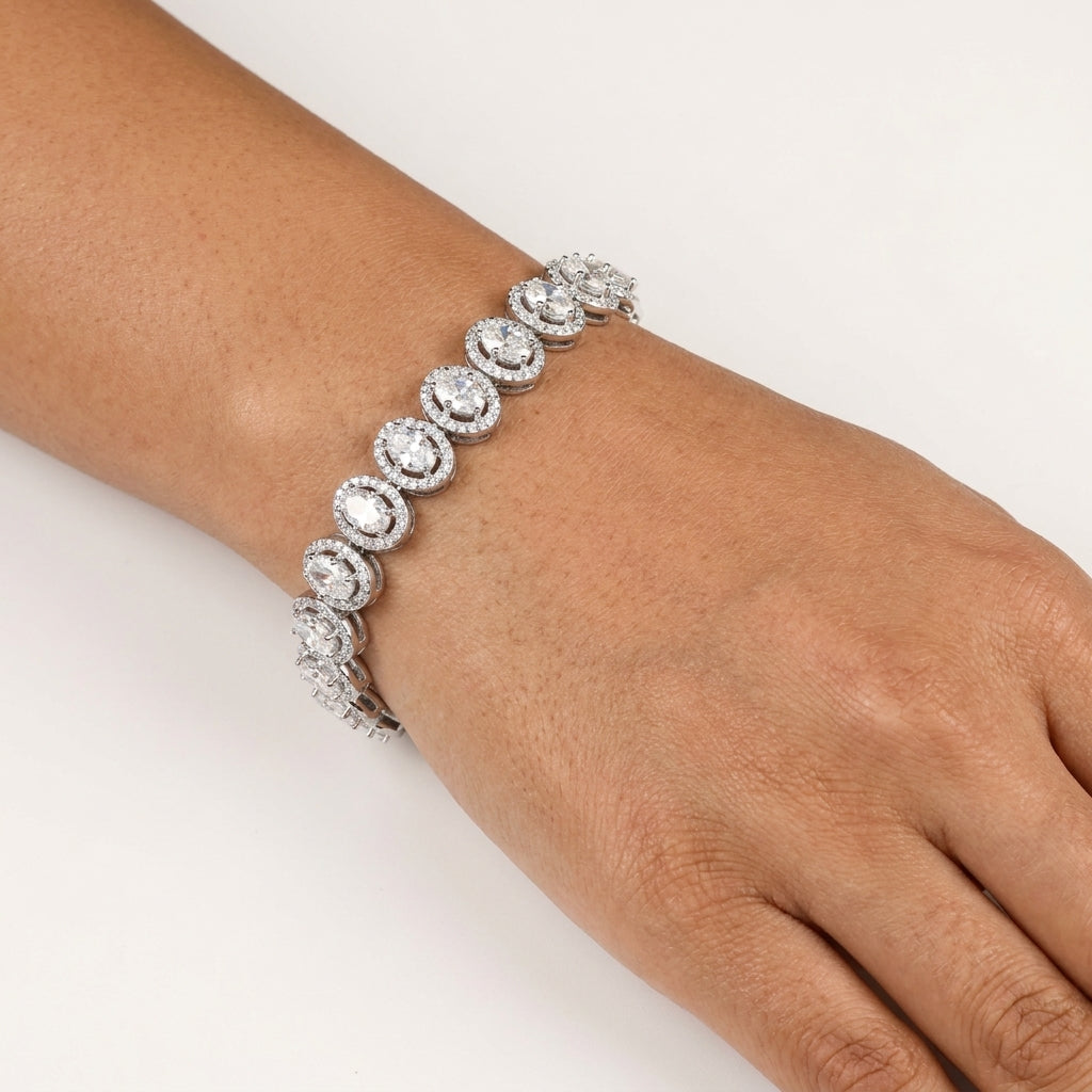925 Silver Seraphina Oval Halo Moissanite Tennis Bracelet in Moissanite Diamond