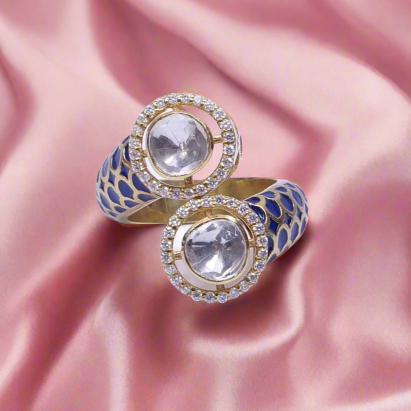 Handcrafted Adjustable 92.5 Silver Ring with Moissanite polki