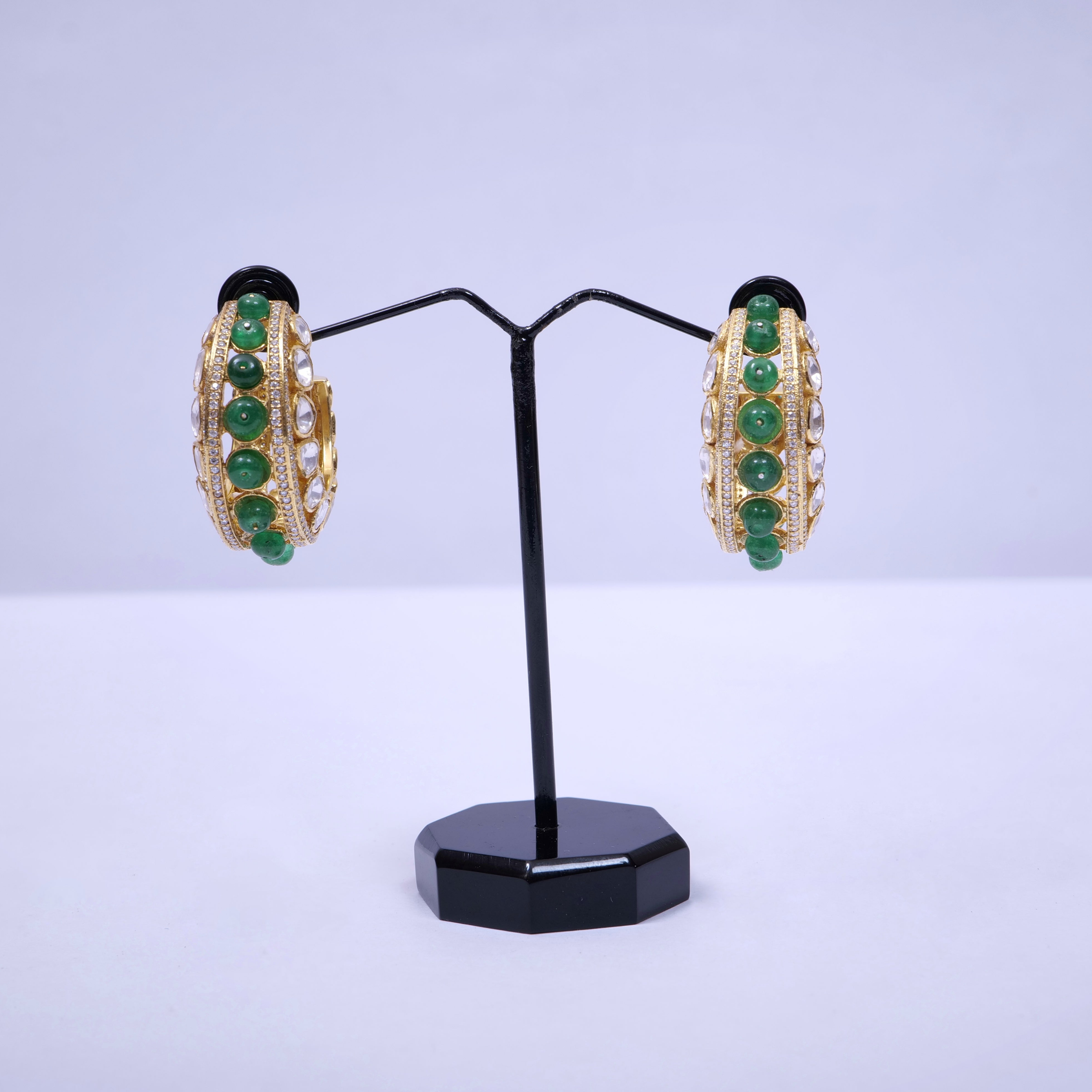 Lab Grown Emerald Beads with Polki Earrings