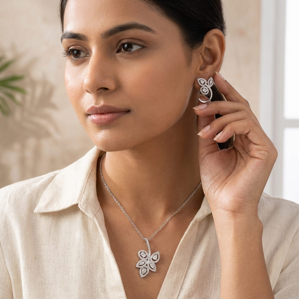 925 Silver Petal Sparkle Moissanite Pendant Set