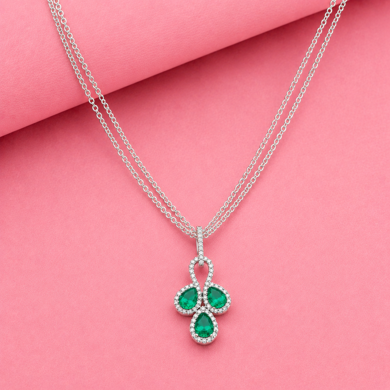 3 Petals Lab Grown Emerald Pendant with Moissanite in Sterling Silver