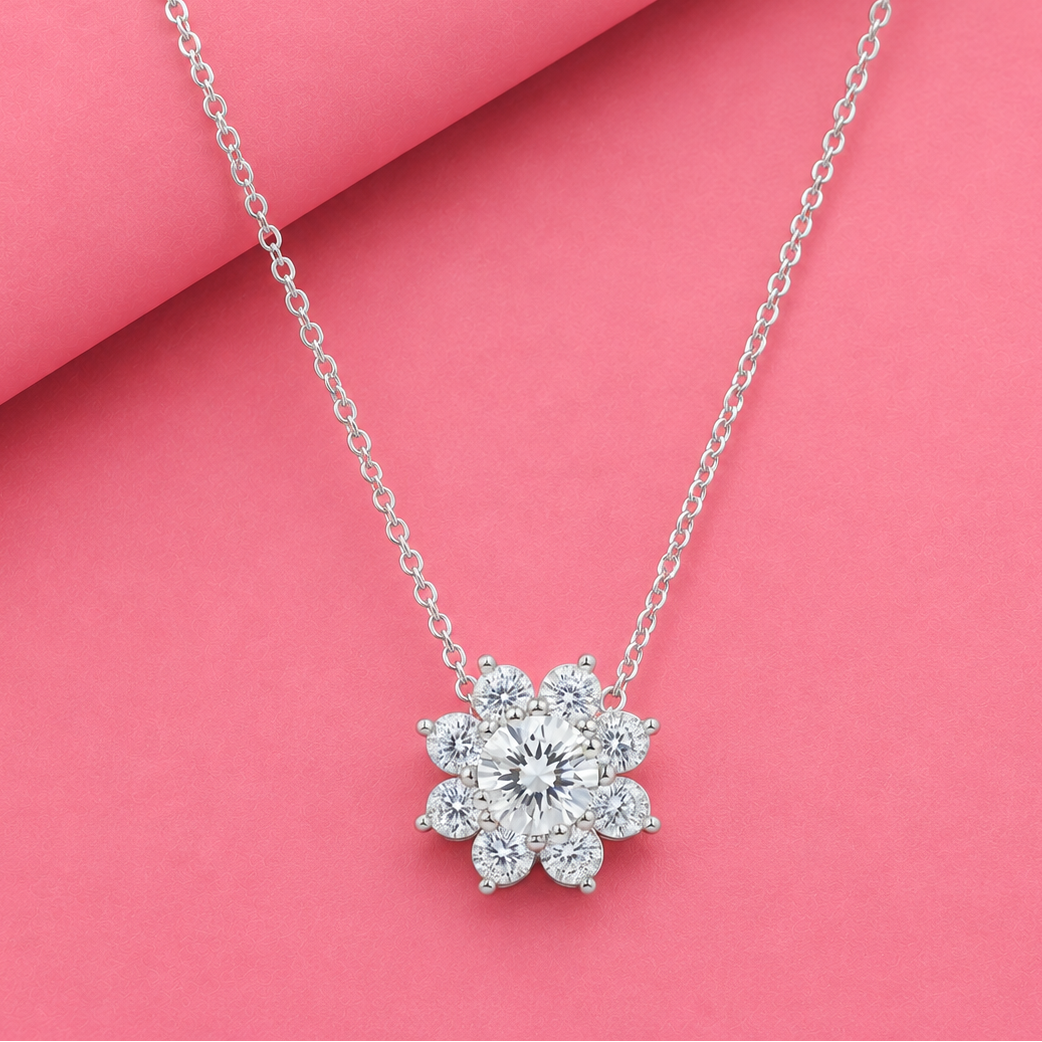 Flower shape Moissanite Pendant in Silver