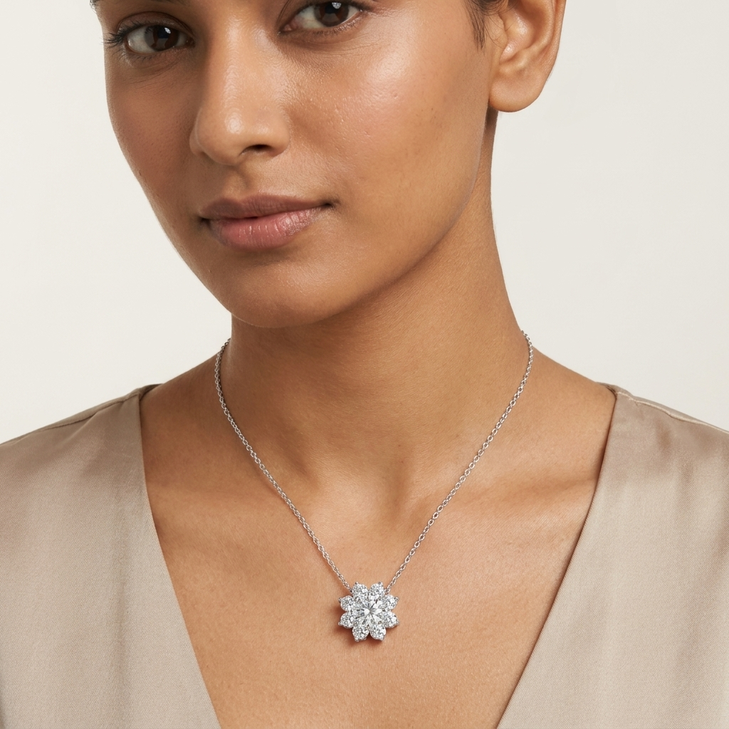 Flower shape Moissanite Pendant in Silver