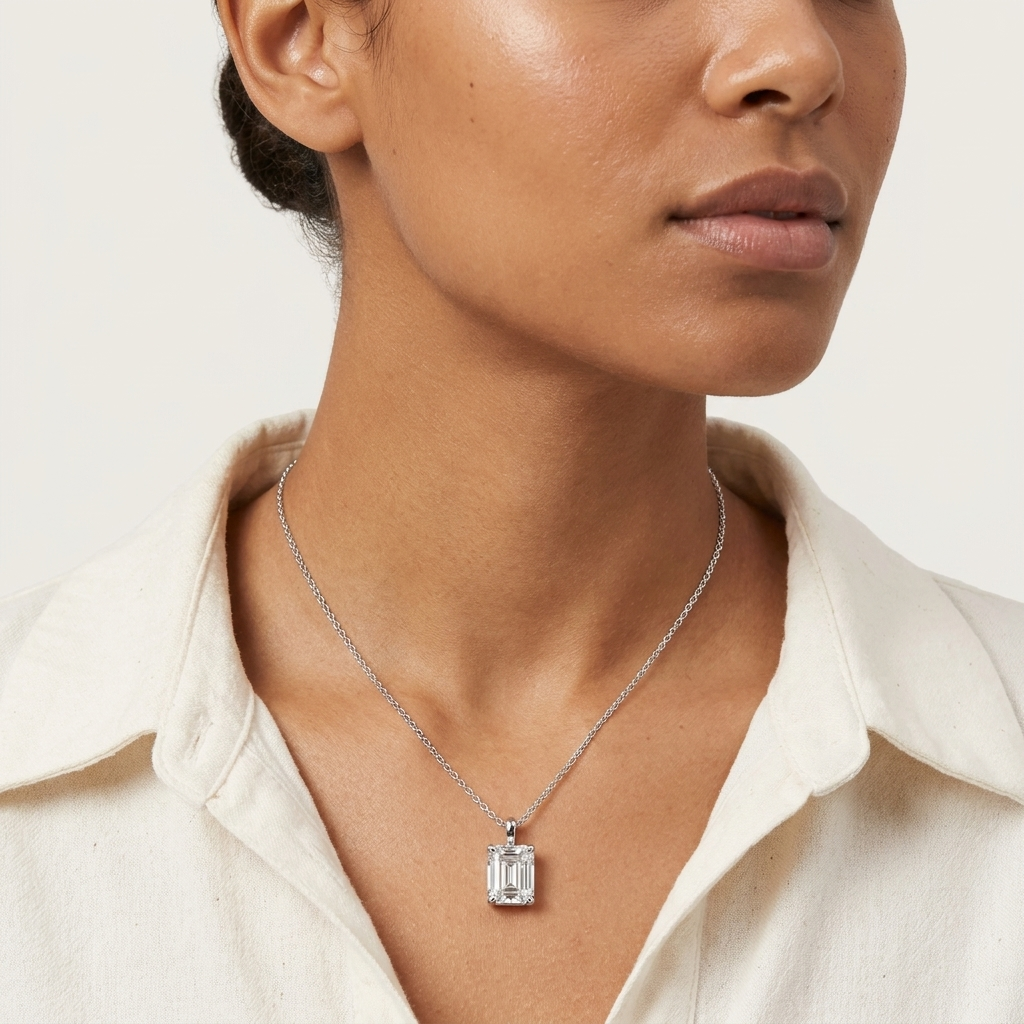 Hot And Bold Emerald cut Moissanite Pendant in Silver