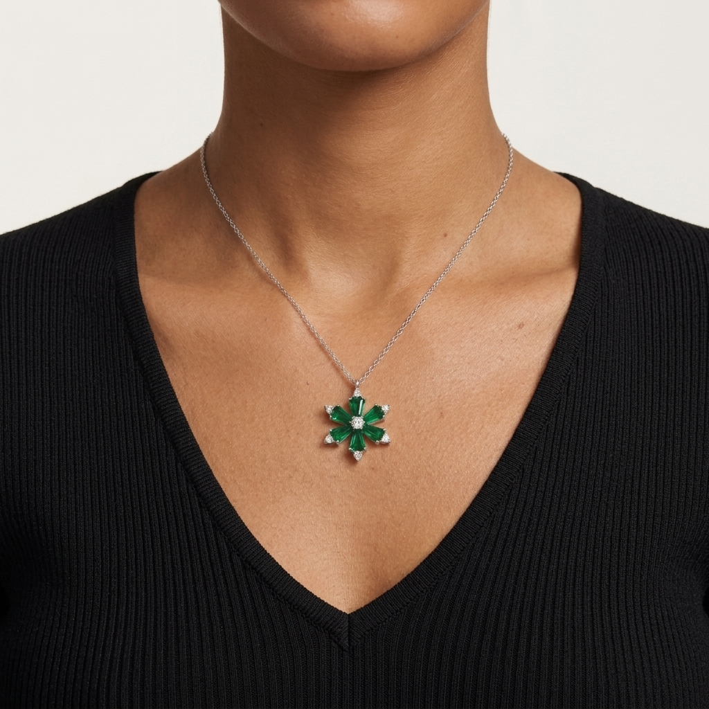 Lab Grown Emerald Flower Pendant with Moissanite in Sterling Silver