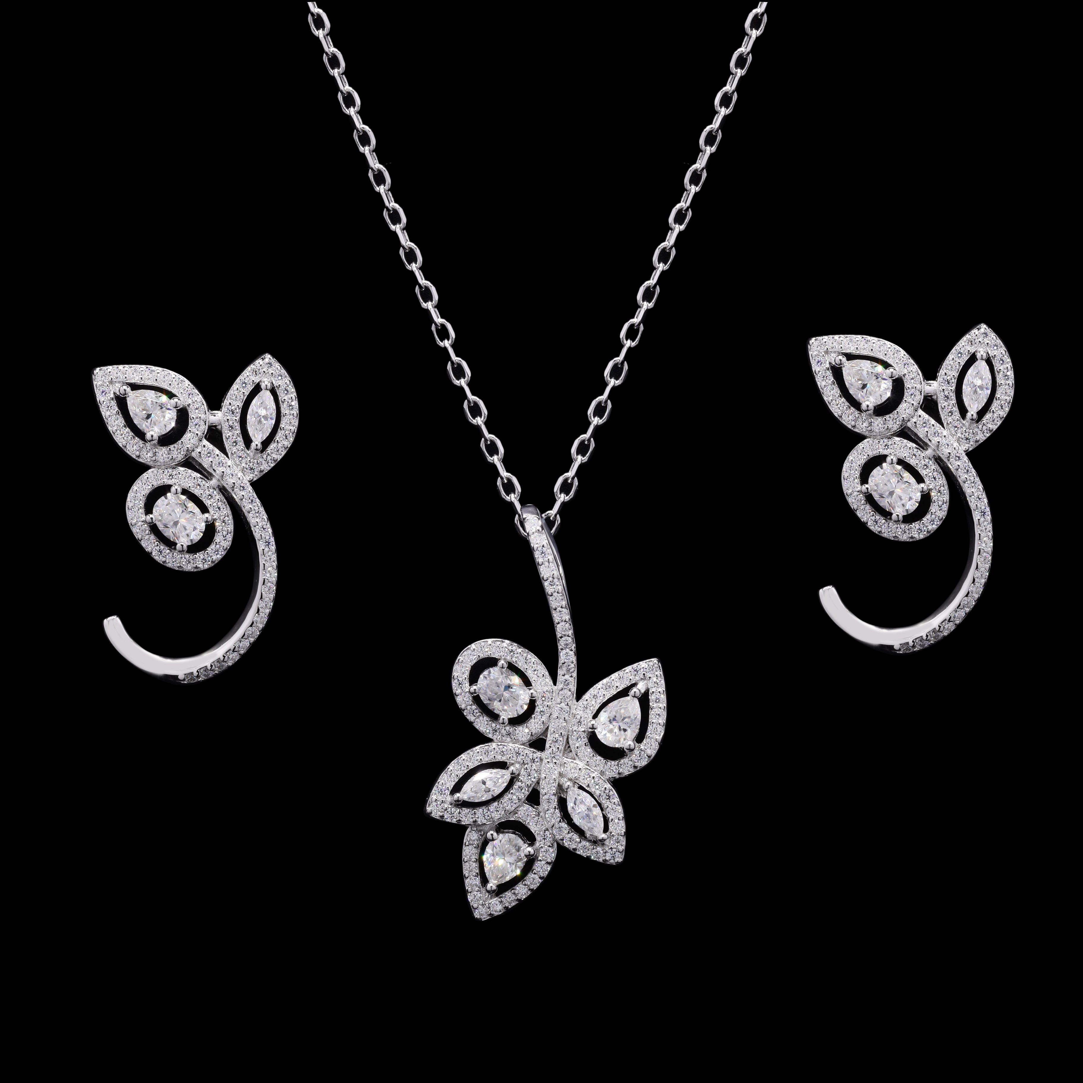 925 Silver Petal Sparkle Moissanite Pendant Set