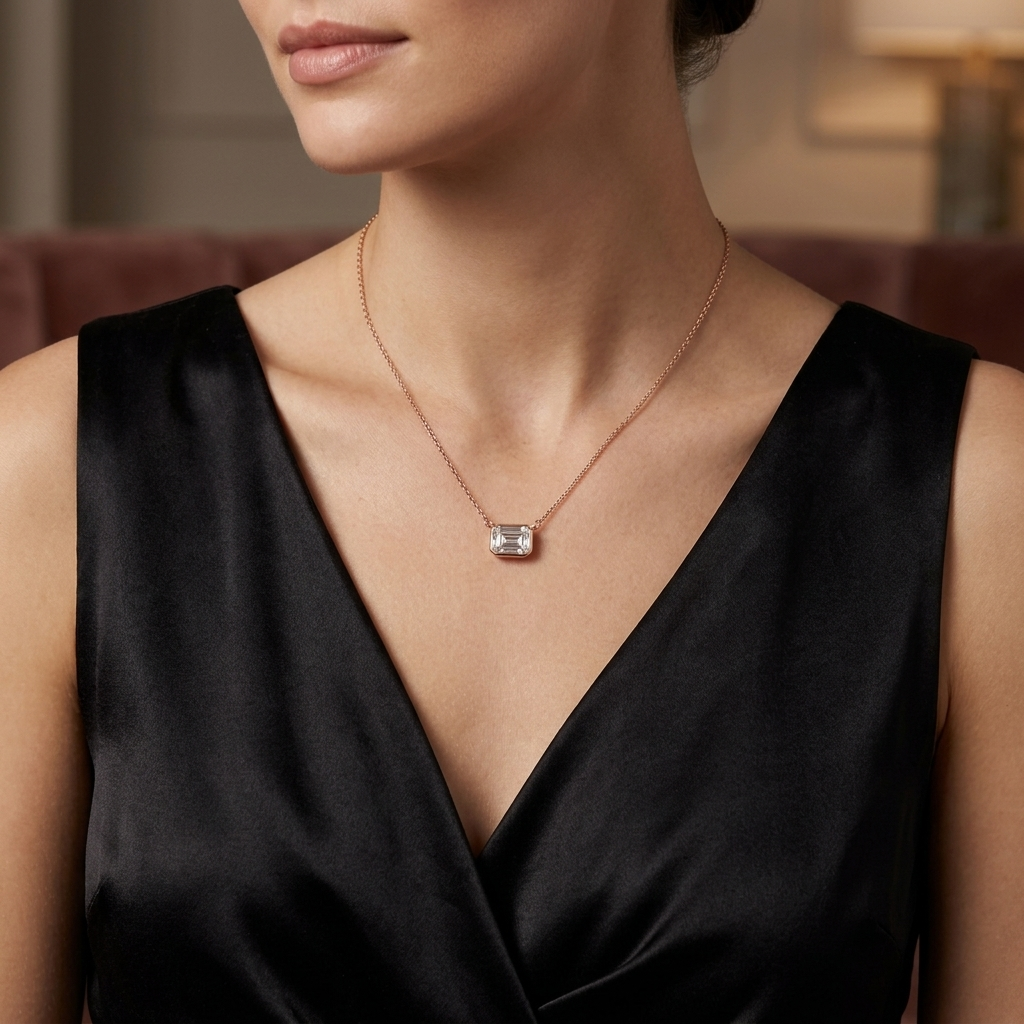 Emerald Cut Moissanite Diamond Pendant with Chain