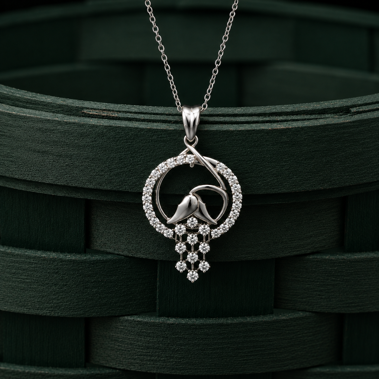 Rose Floral Droplet Pendant in Sterling Silver with Moissanite