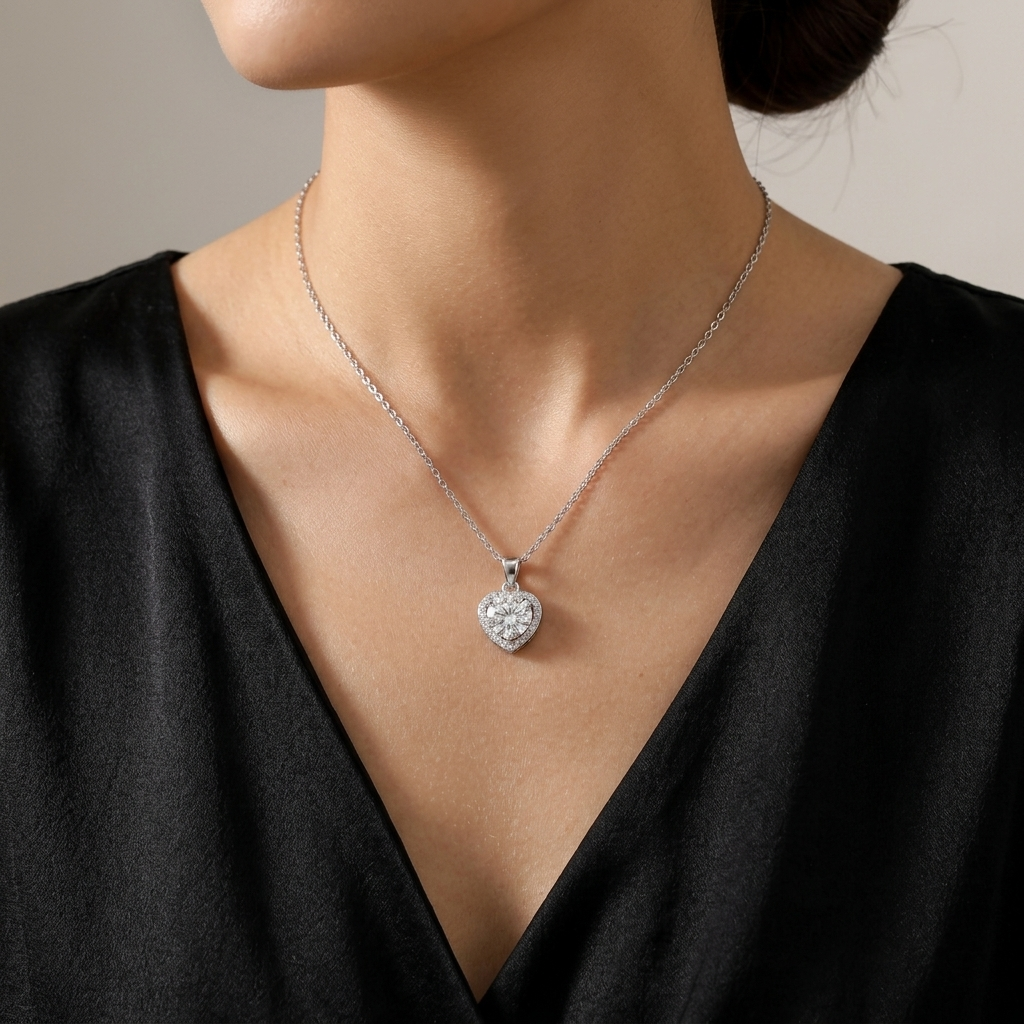 Silver Solitaire Heart Pendant with Moissanite