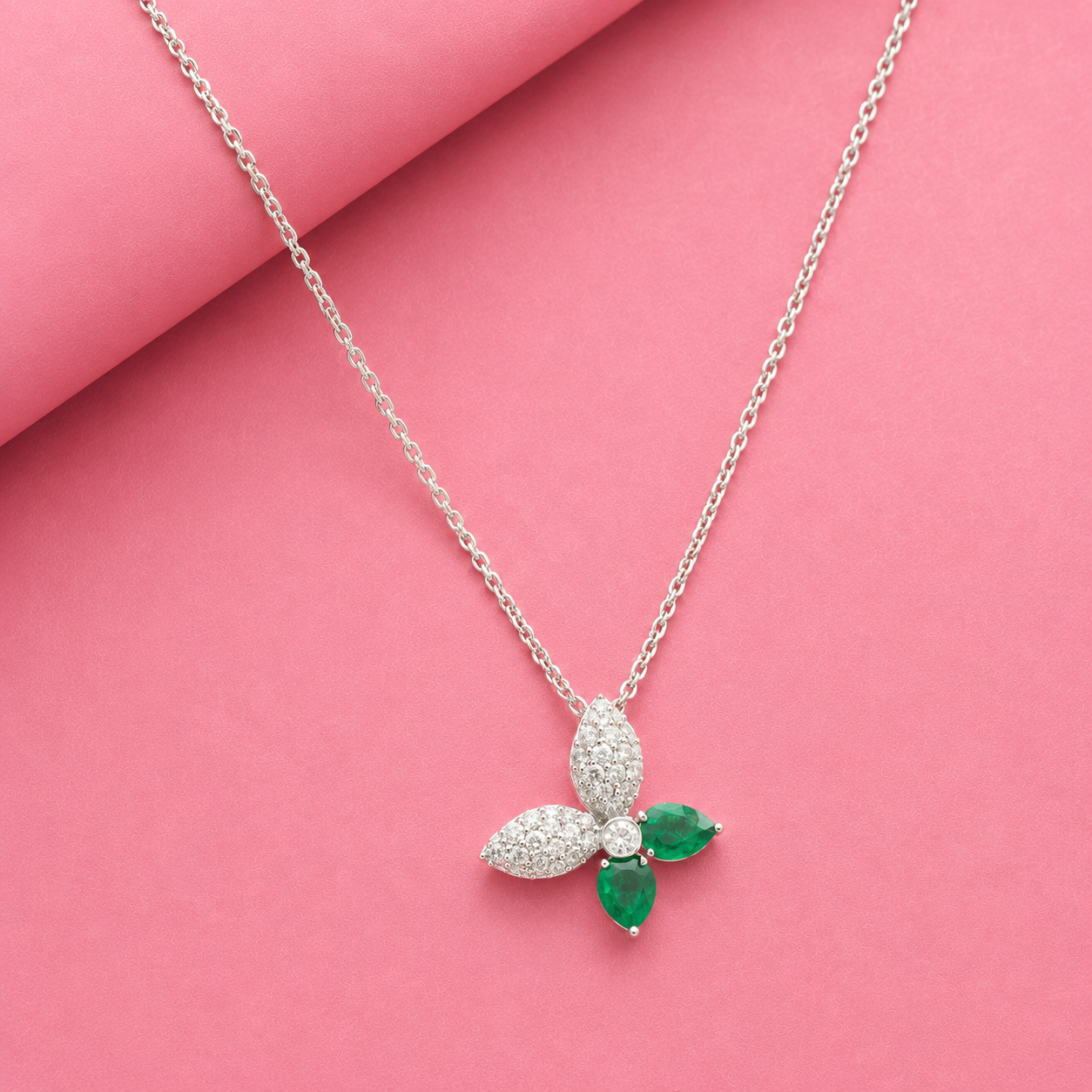 Butterfly Lab Grown Emerald Pendant with Moissanite and in Sterling Silver
