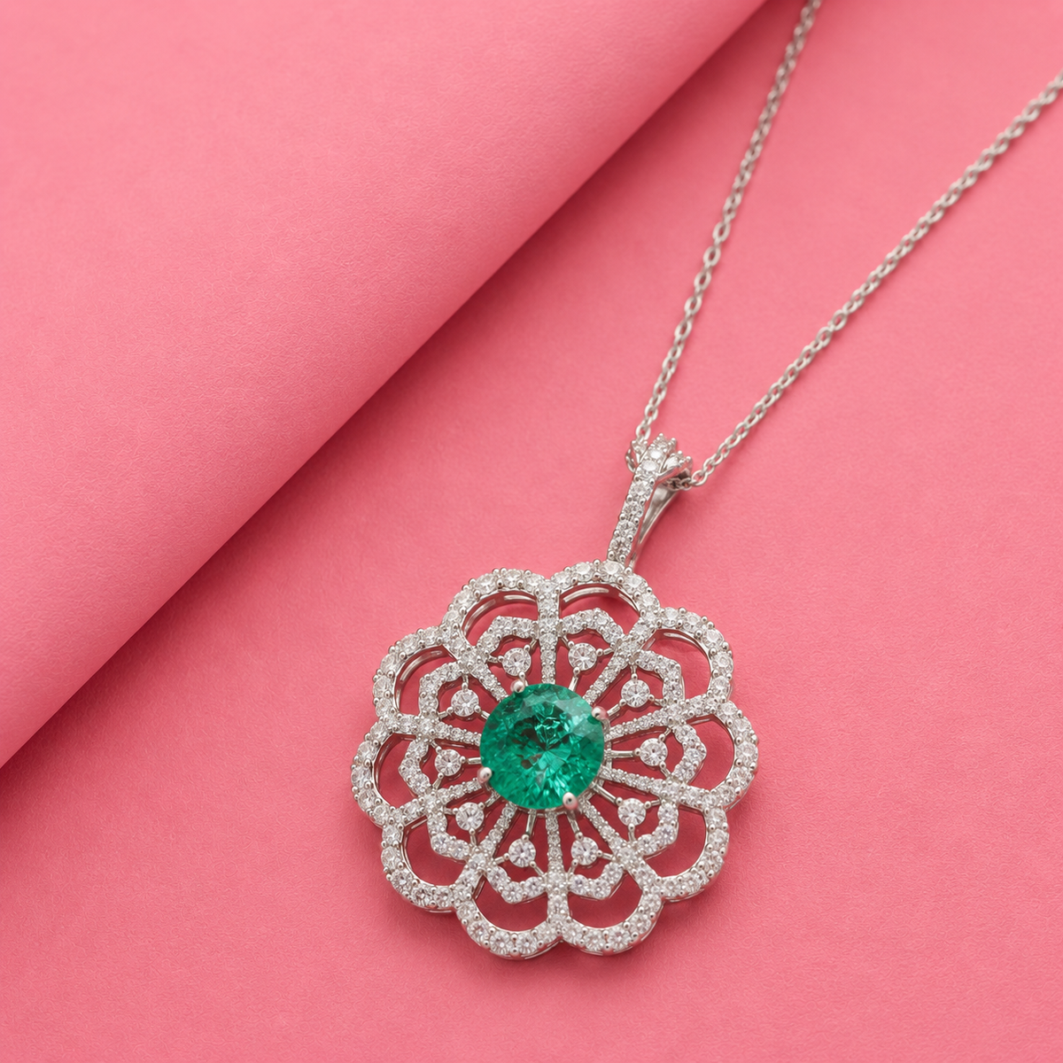 Round Lab Grown Emerald Pendant with Moissanite in Silver
