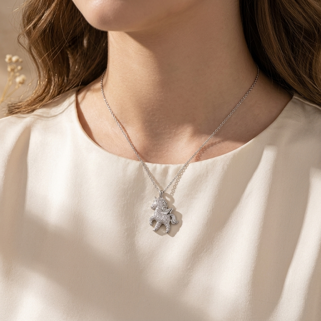 Cute Unicorn Moissanite Pendant in Sterling Silver