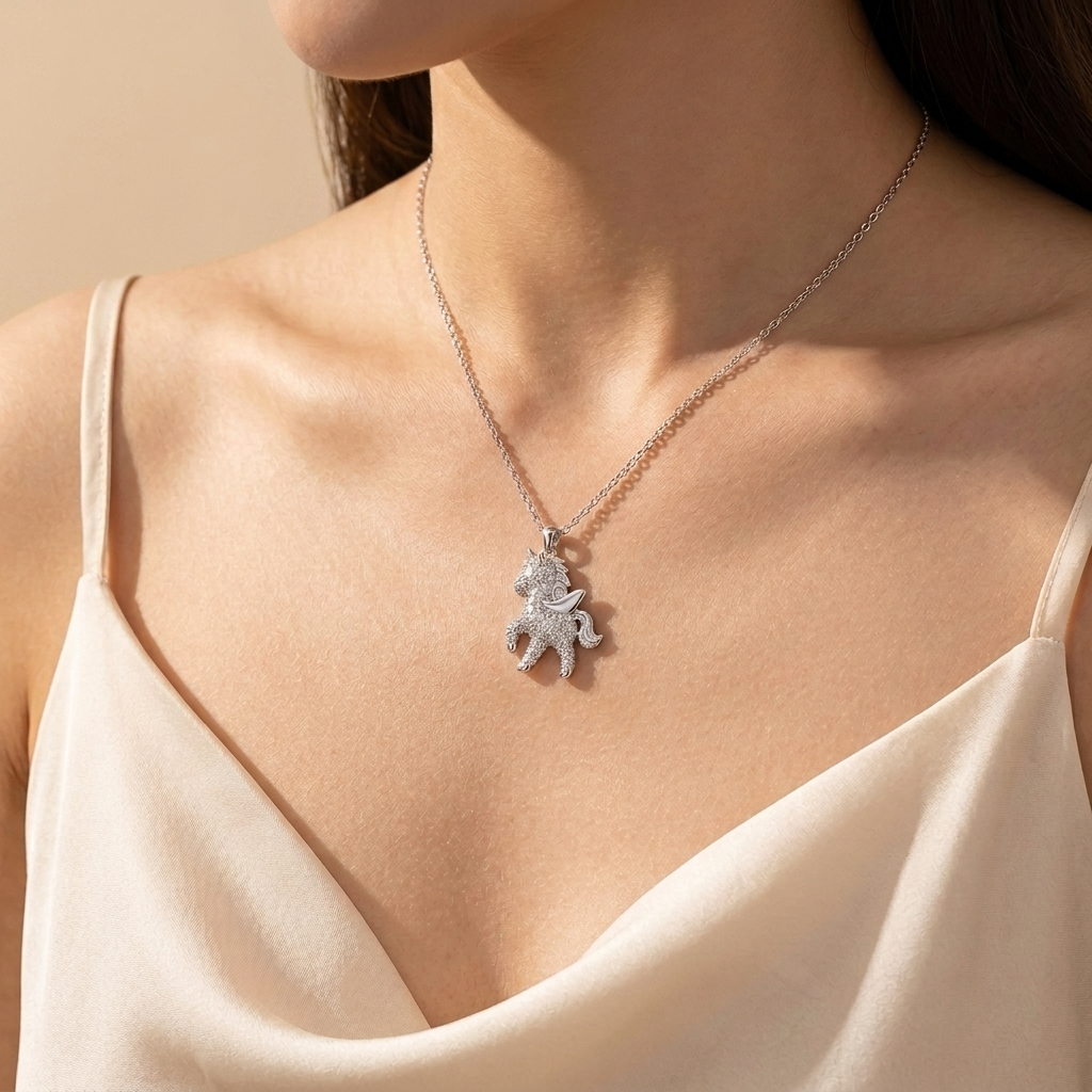 Cute Unicorn Moissanite Pendant in Sterling Silver